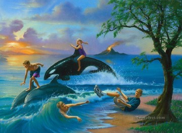 kids and dolphin 26 Fantasy Oil Paintings